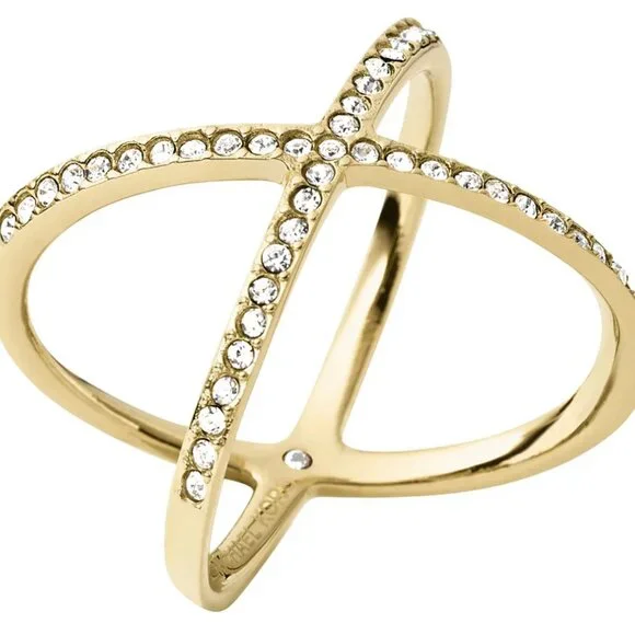 Michael Kors Gold Tone Steel Criss-Cross Clear Pave Crystal Ring - Picture 5 of 12